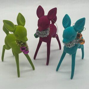 3 Target Wondershop Retro Flocked Deer Ornament Set 2024 Pink Blue Green EUC